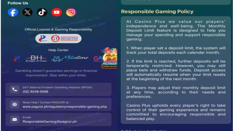 21+ Responsible gaming awareness and problem gambling assistance helpline